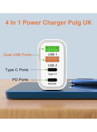 شاحن سريع 40 واط بأربعة منافذ، شاحن متعدد المنافذ 2PD+2USB لأجهزة متعددة، شاحن جداري سريع الشحن 40 واط، شاحن سفر بأربعة منافذ، محول شاحن جوال سريع (أبيض، الاتحاد الأوروبي) - view 4